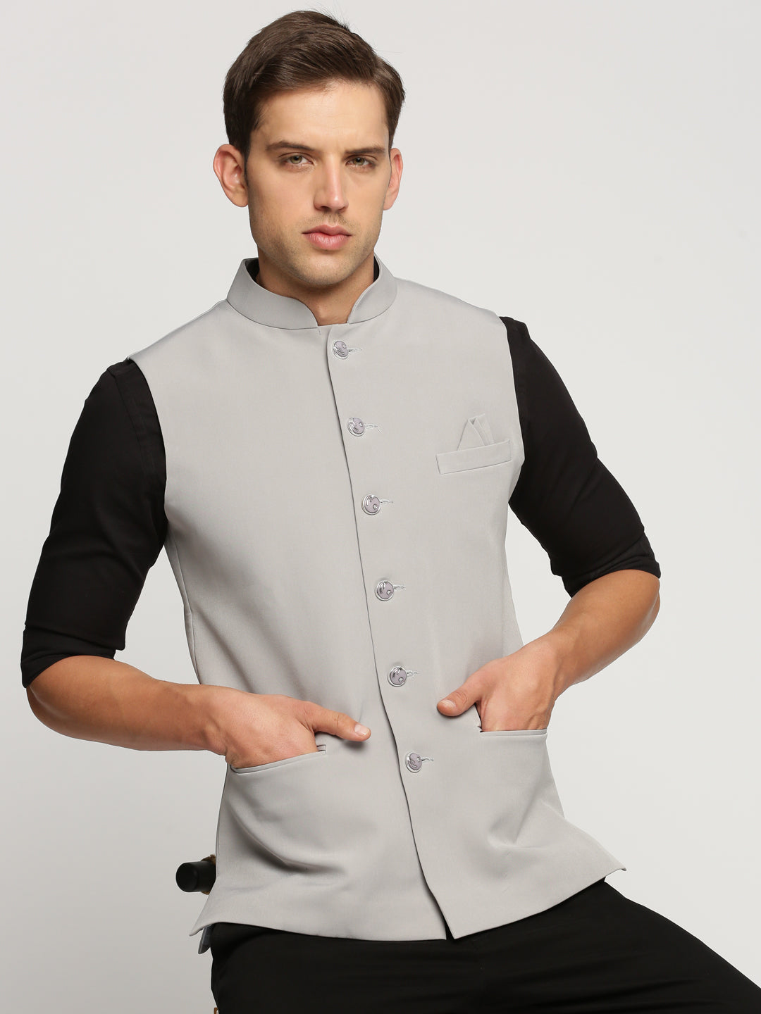 Men Grey Mandarin Collar Solid Nehru Jacket