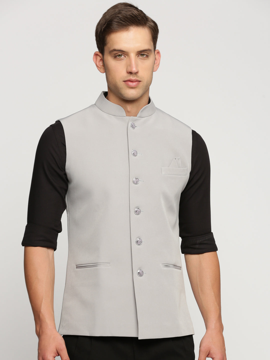 Men Grey Mandarin Collar Solid Nehru Jacket