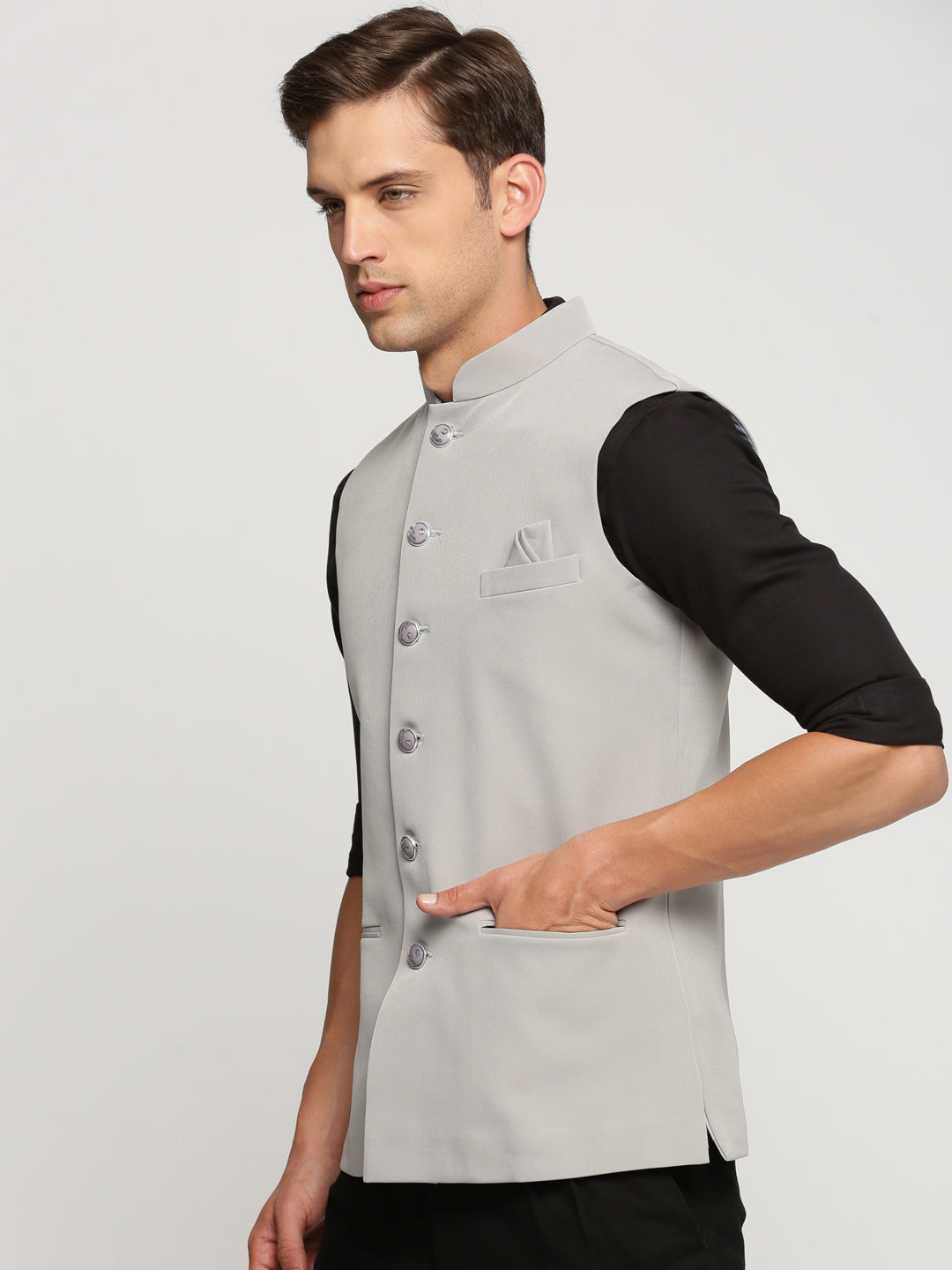 Men Grey Mandarin Collar Solid Nehru Jacket