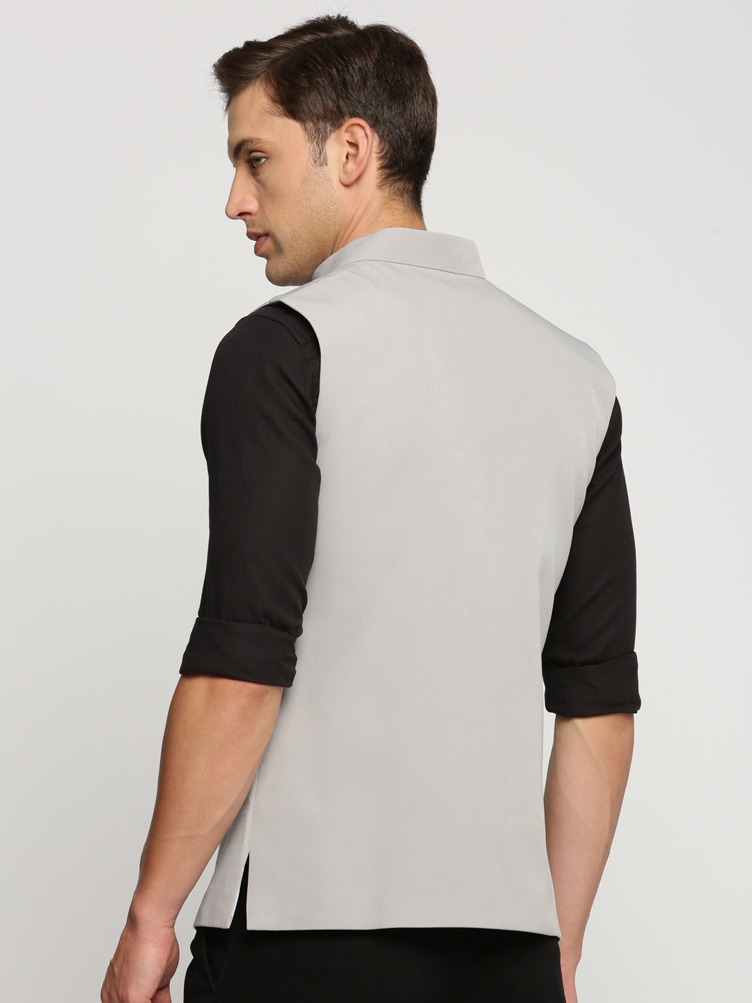 Men Grey Mandarin Collar Solid Nehru Jacket