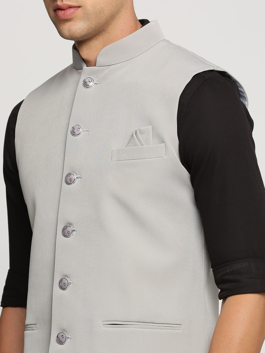 Men Grey Mandarin Collar Solid Nehru Jacket