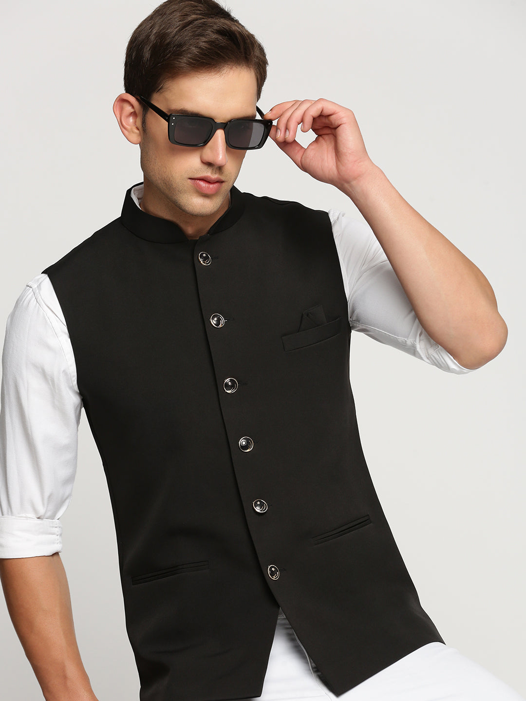 Men Black Mandarin Collar Solid Nehru Jacket