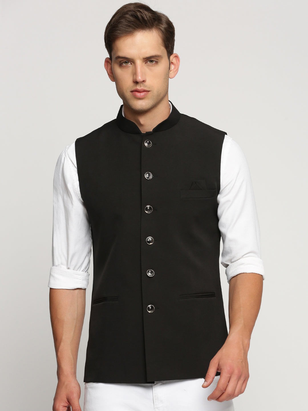 Men Black Mandarin Collar Solid Nehru Jacket