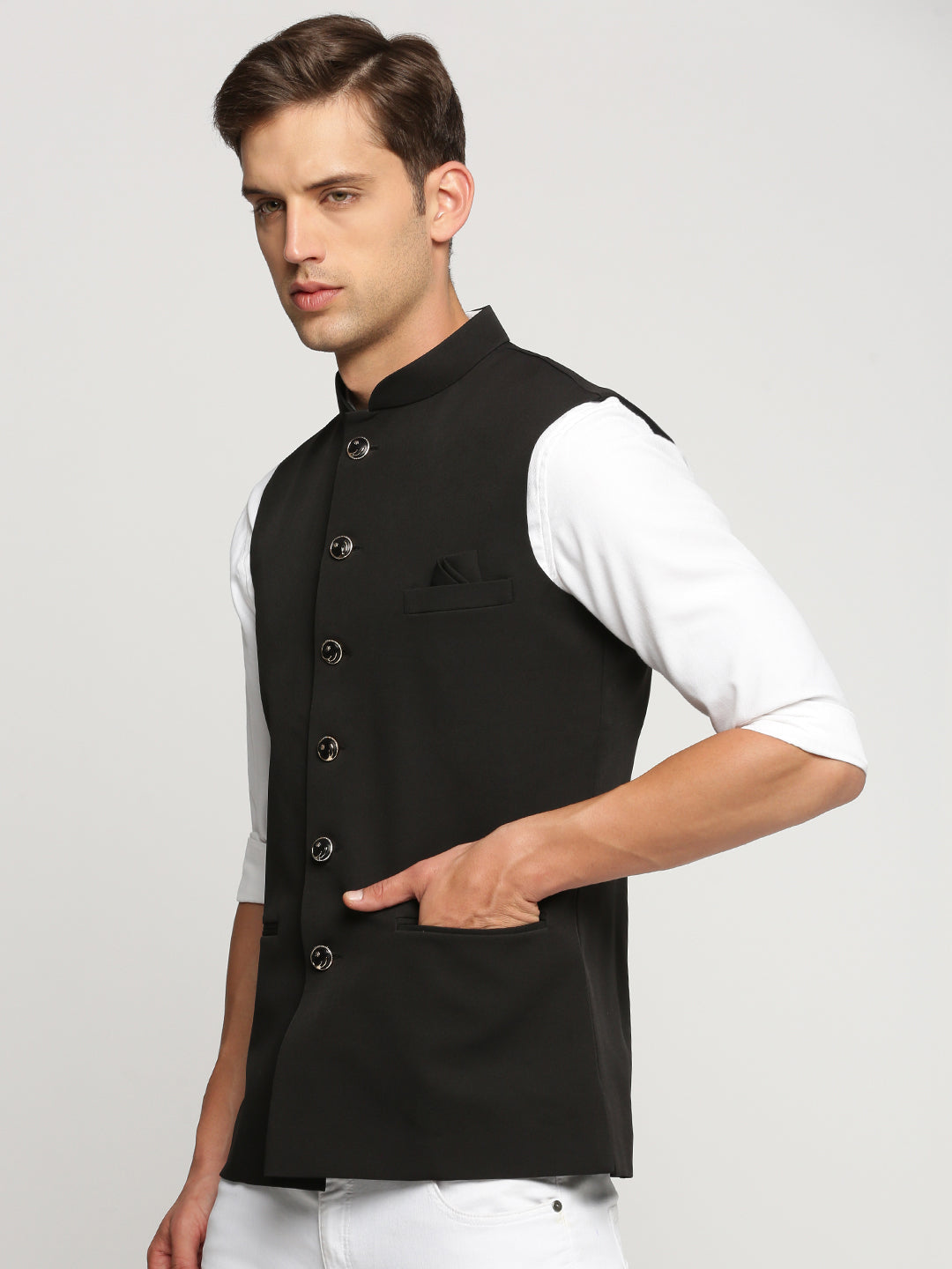 Men Black Mandarin Collar Solid Nehru Jacket