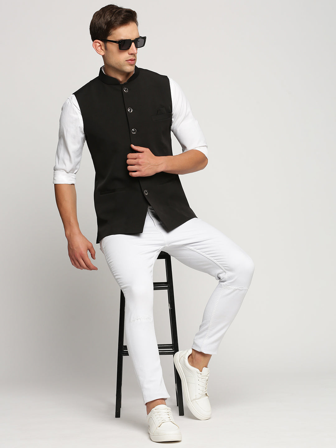 Men Black Mandarin Collar Solid Nehru Jacket