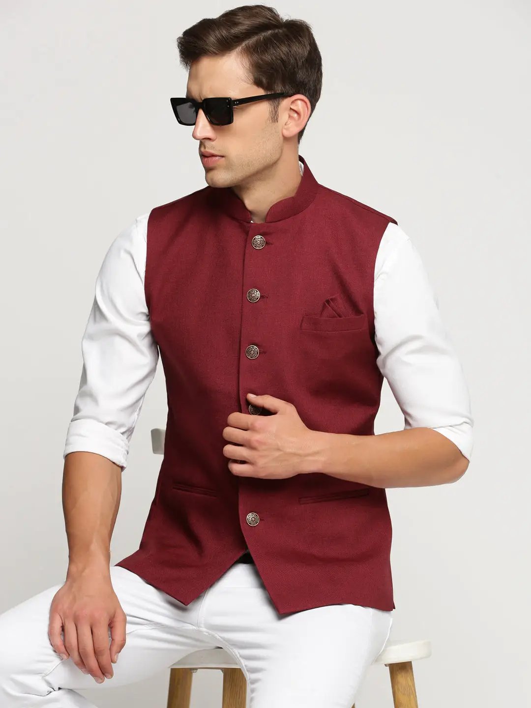 Men's Maroon Mandarin Collar Solid Nehru Jacket