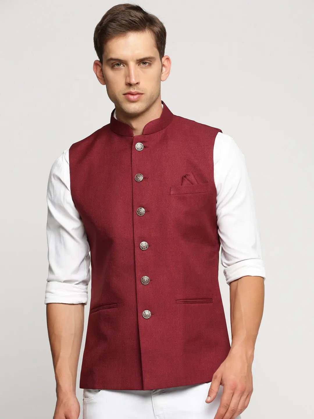 Men's Maroon Mandarin Collar Solid Nehru Jacket