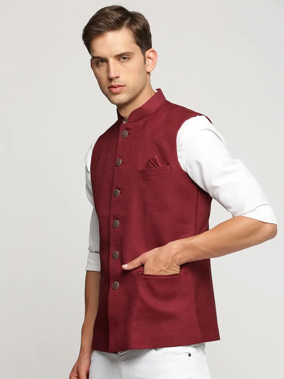 Men's Maroon Mandarin Collar Solid Nehru Jacket