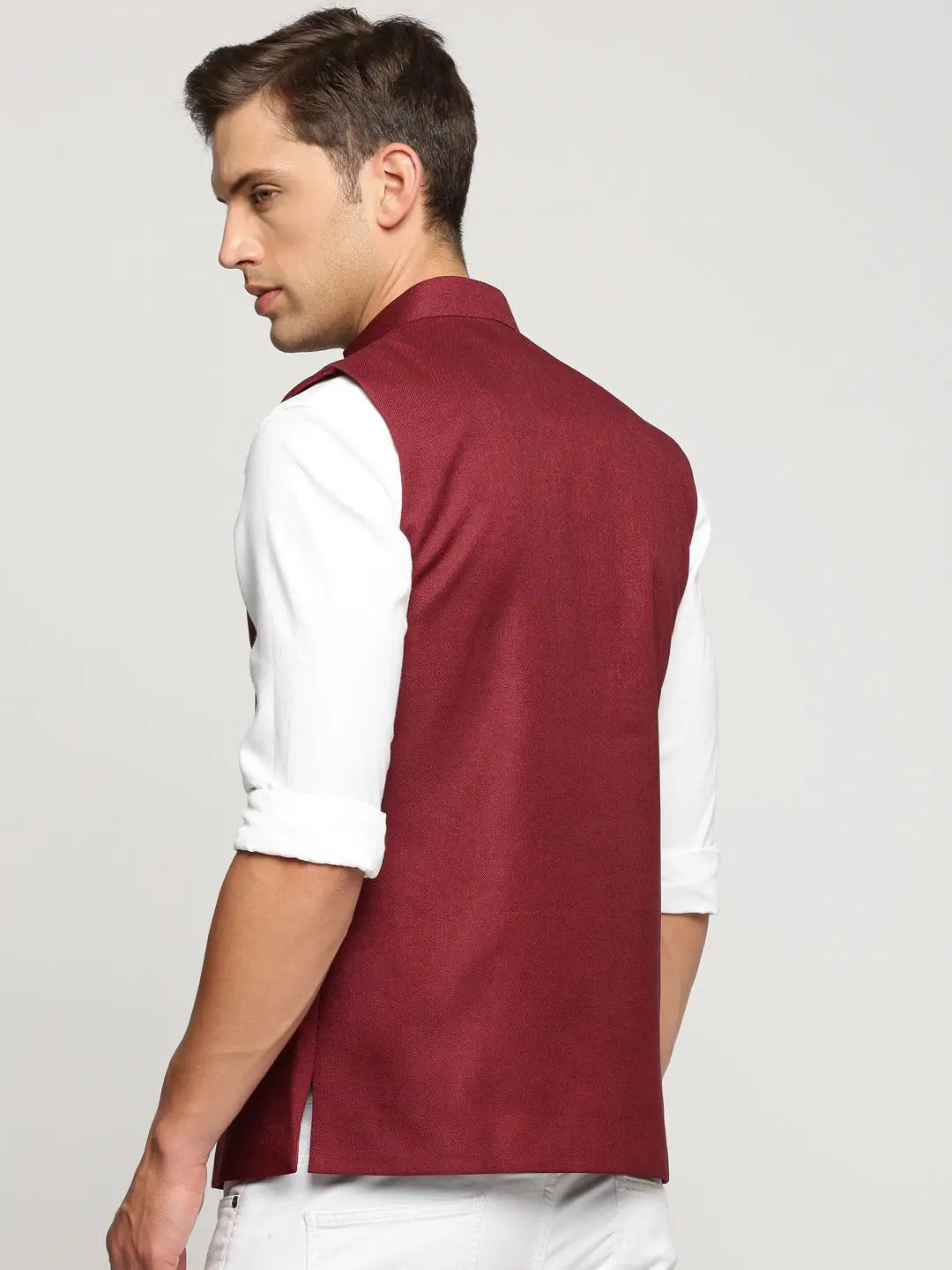 Men's Maroon Mandarin Collar Solid Nehru Jacket