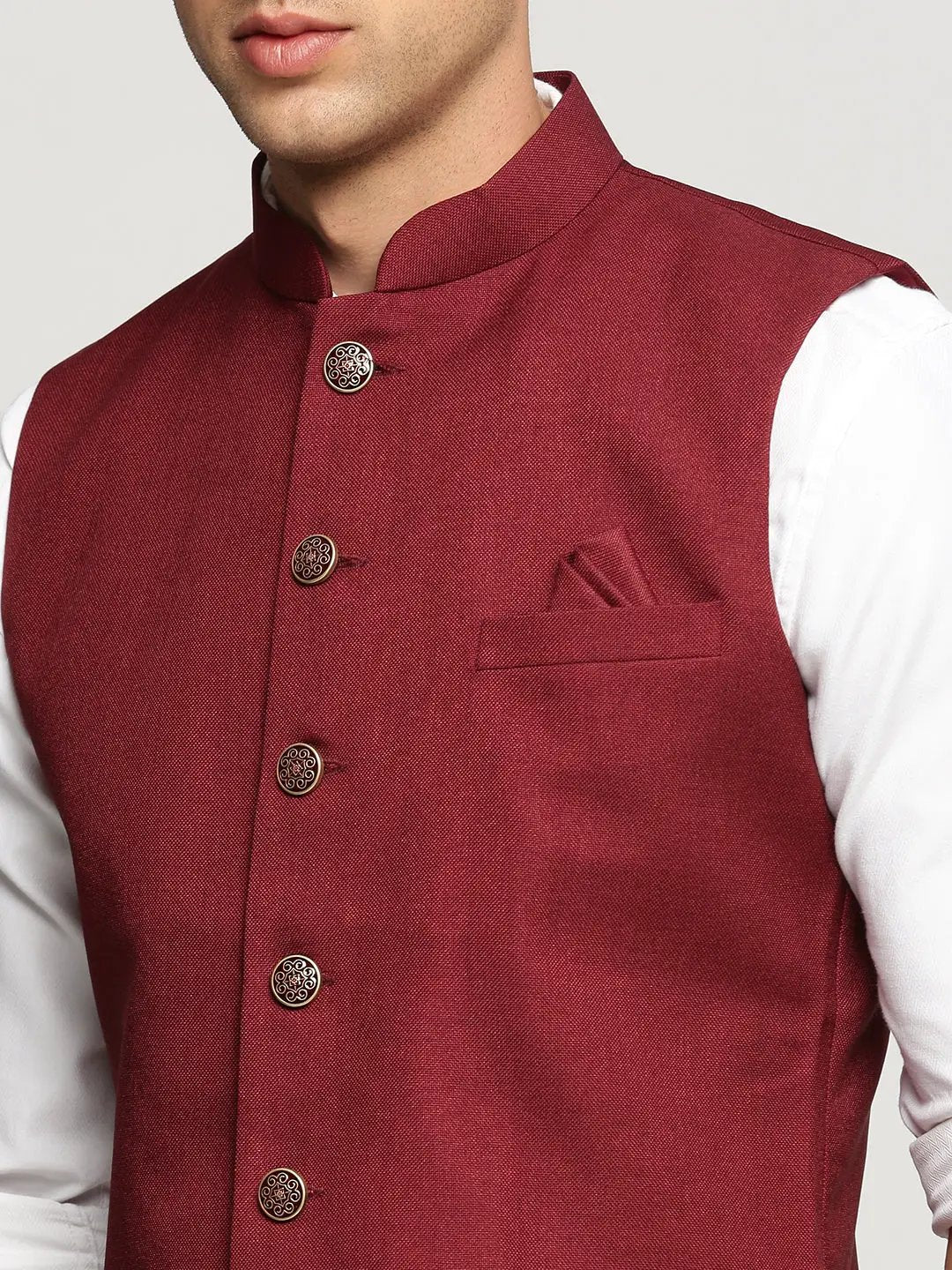 Men's Maroon Mandarin Collar Solid Nehru Jacket