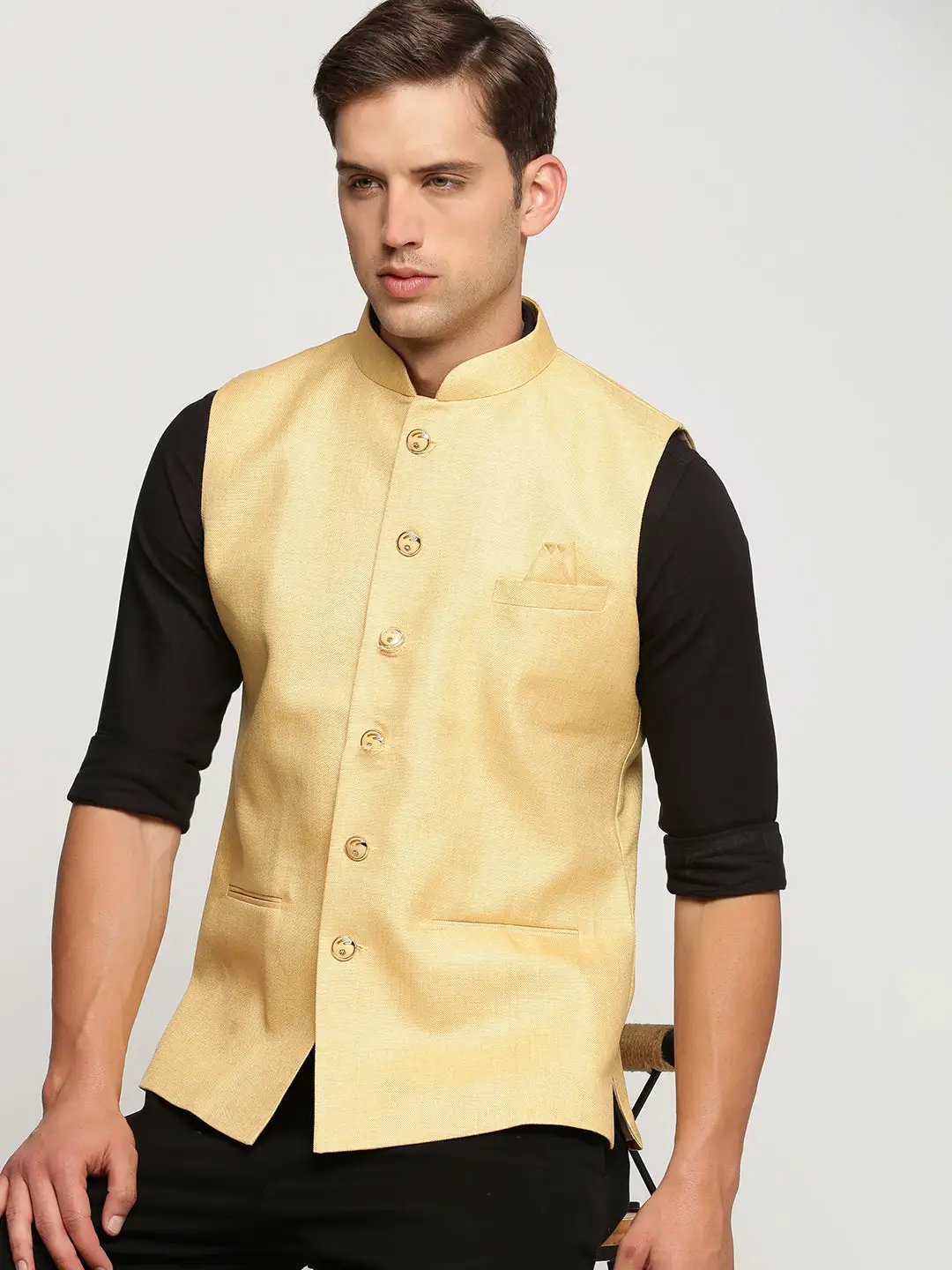 SHOWOFFFF Men's Slim Fit Mandarin Collar Solid Yellow Nehru Jacket