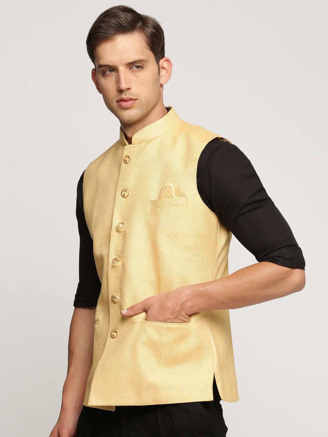 Men Yellow Mandarin Collar Solid Nehru Jacket