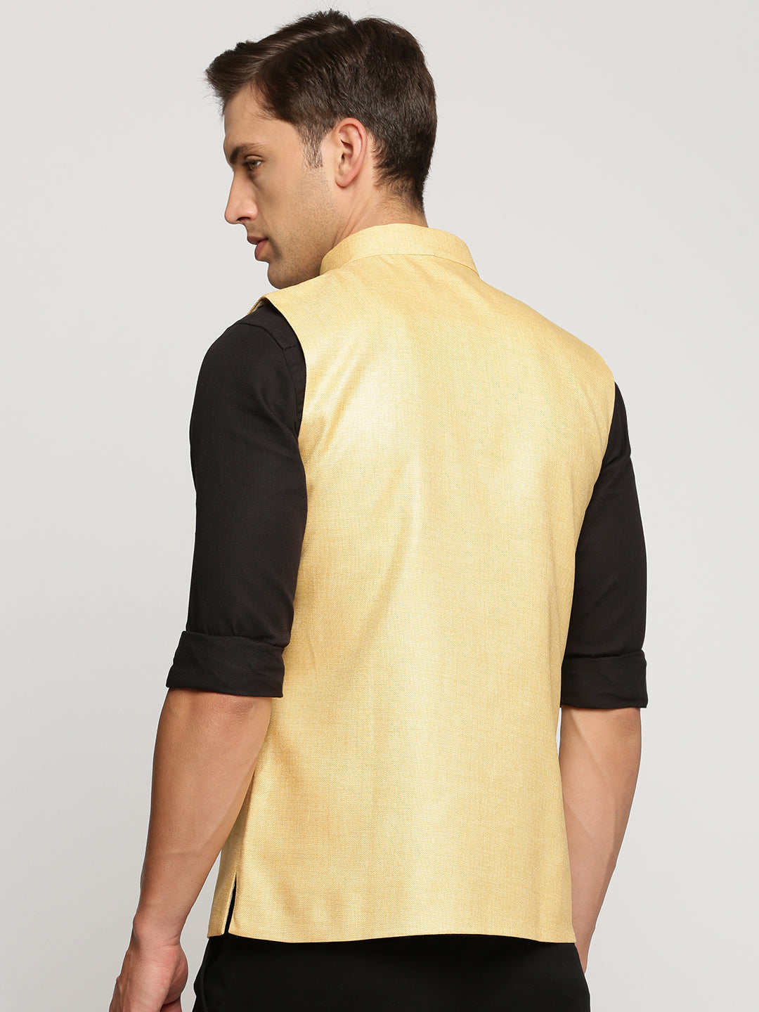 Men Yellow Mandarin Collar Solid Nehru Jacket