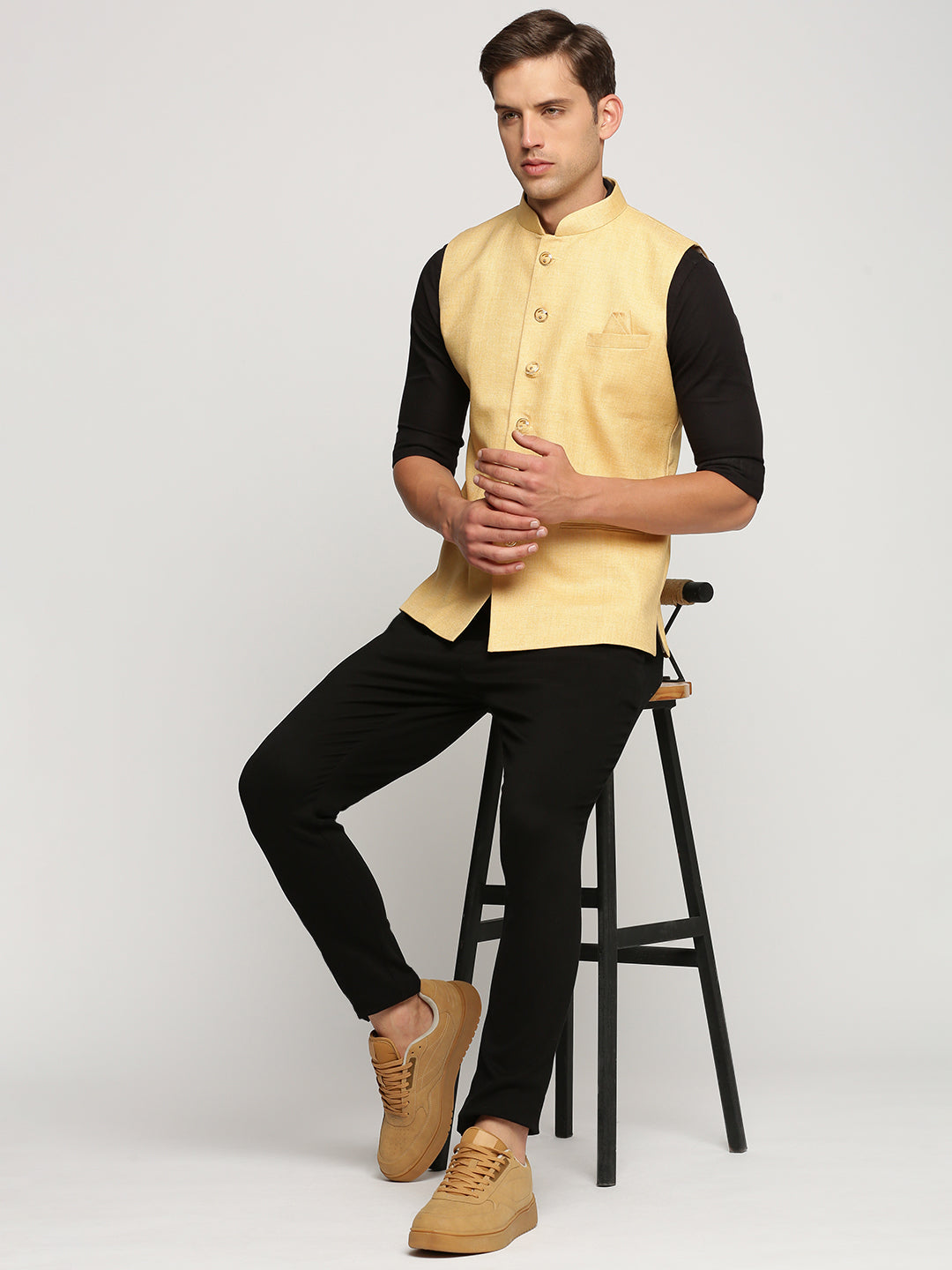 Men Yellow Mandarin Collar Solid Nehru Jacket