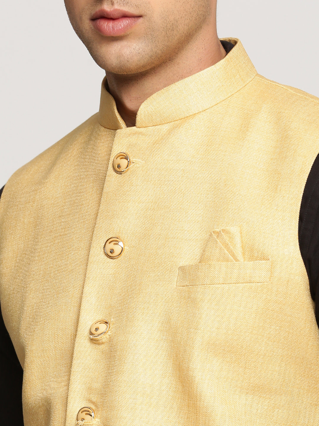 Men Yellow Mandarin Collar Solid Nehru Jacket