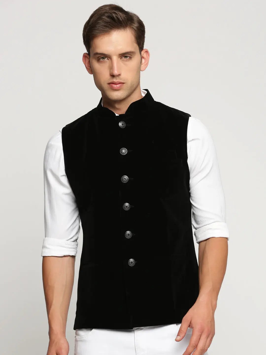 Men's Black Mandarin Collar Solid Nehru Jacket