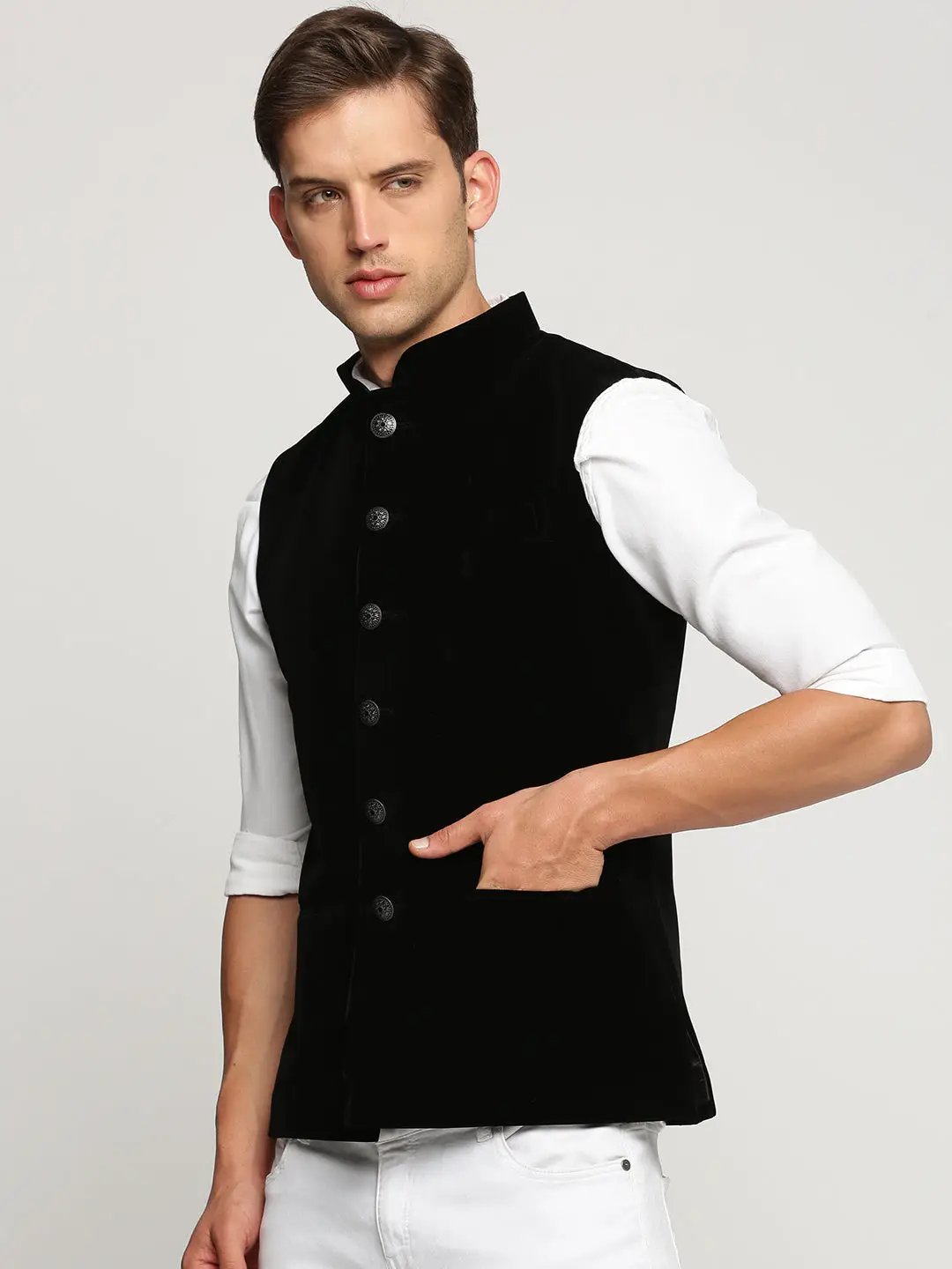 Men's Black Mandarin Collar Solid Nehru Jacket