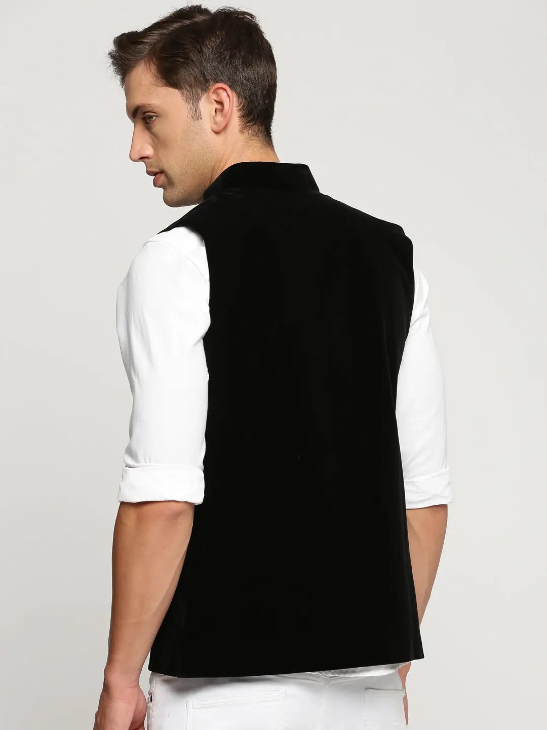 Men's Black Mandarin Collar Solid Nehru Jacket