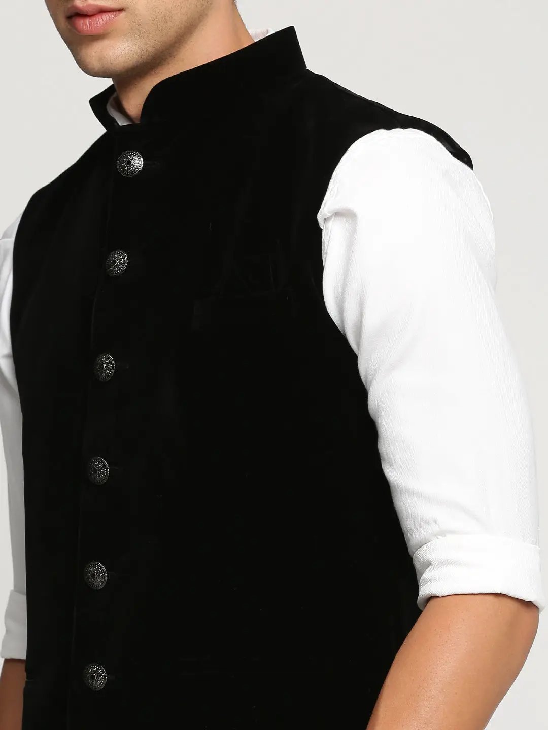 Men's Black Mandarin Collar Solid Nehru Jacket