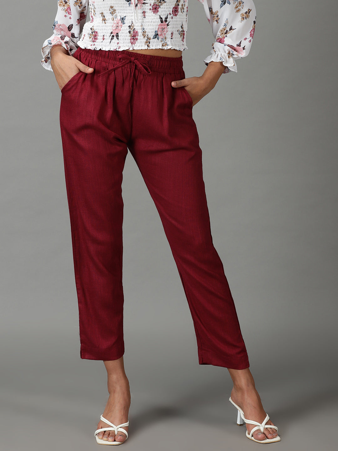 Women's Burgundy Solid Cigarette Trouser