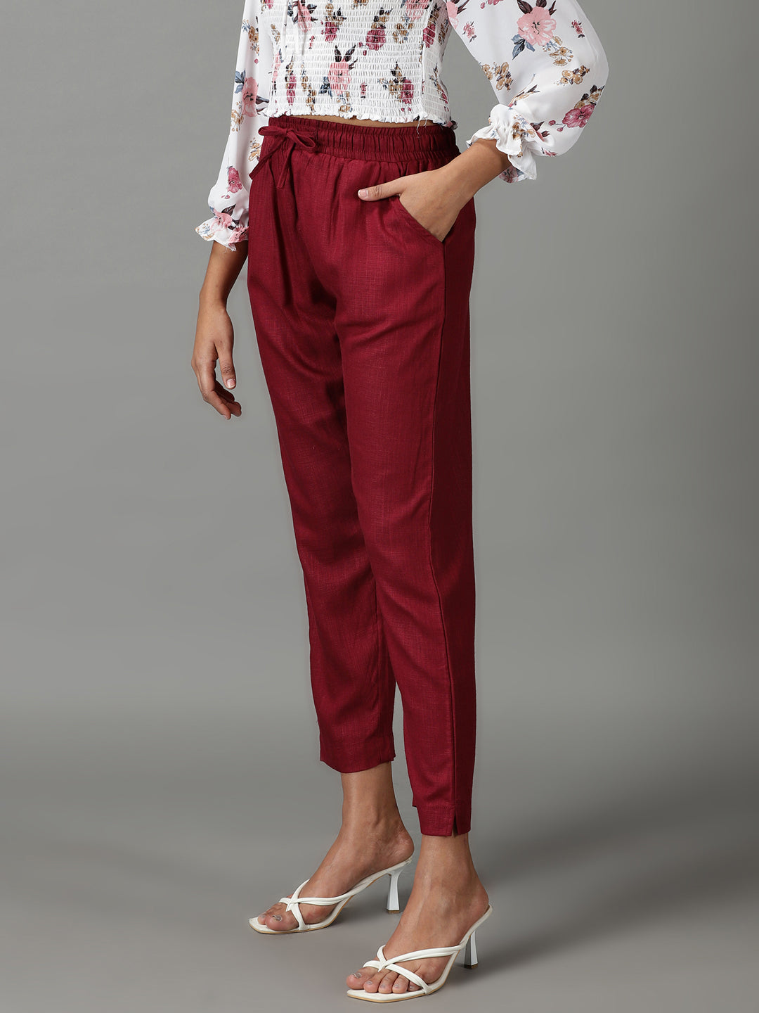 Women's Burgundy Solid Cigarette Trouser