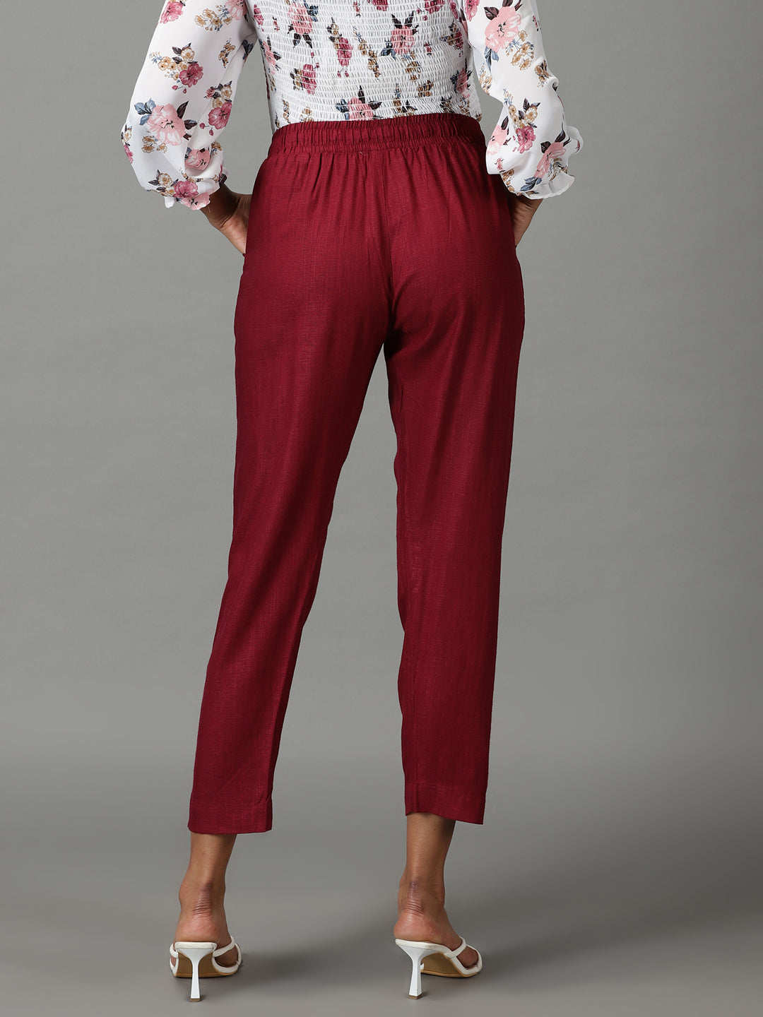 Women's Burgundy Solid Cigarette Trouser