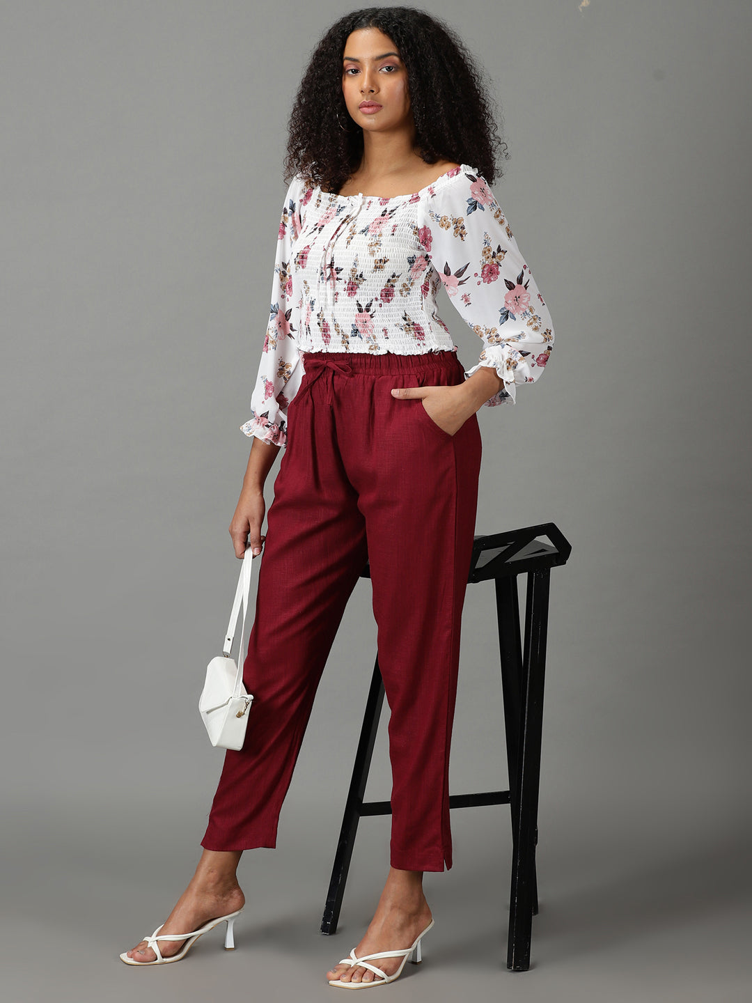 Women's Burgundy Solid Cigarette Trouser