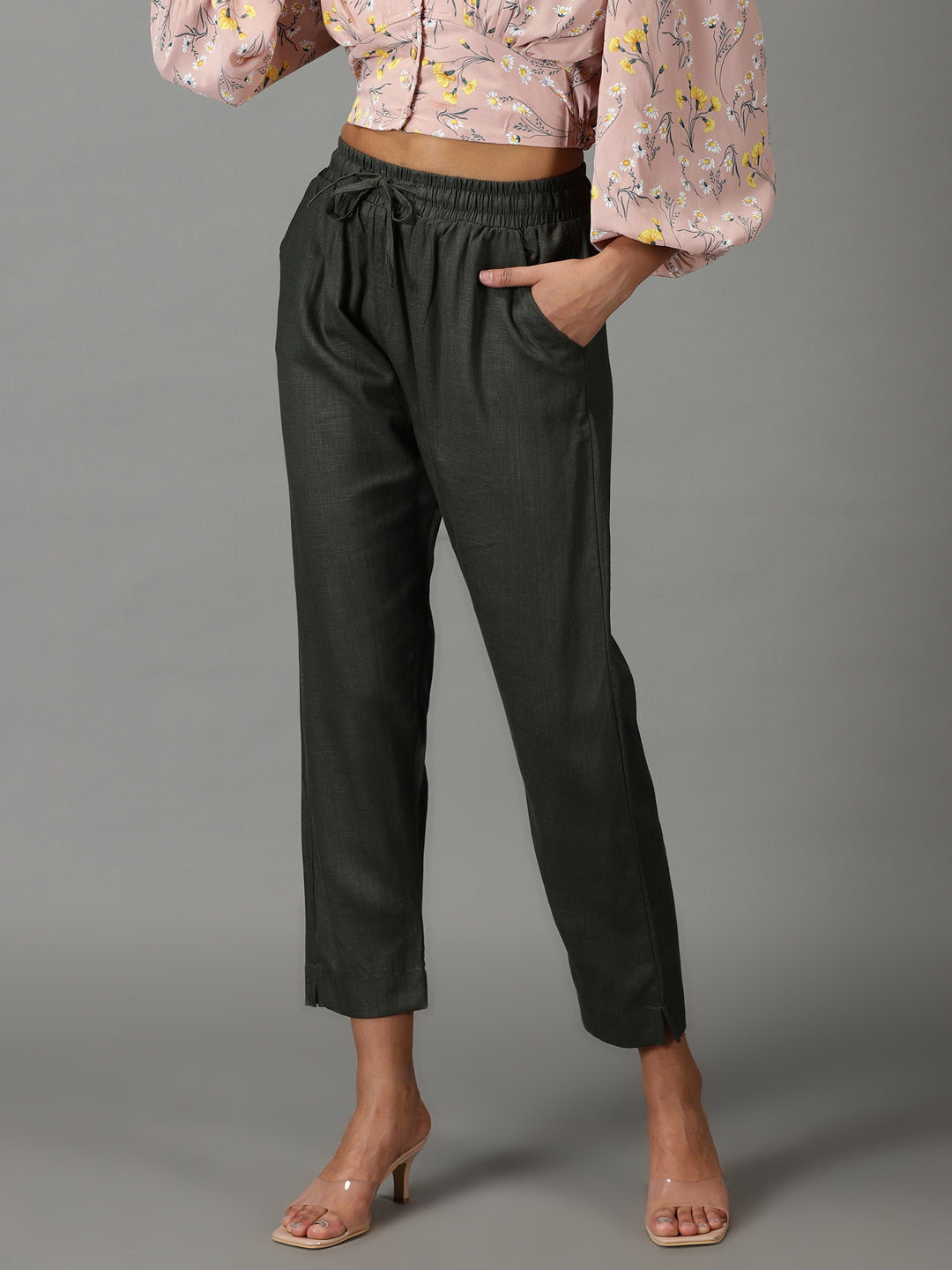 Women's Olive Solid Cigarette Trouser