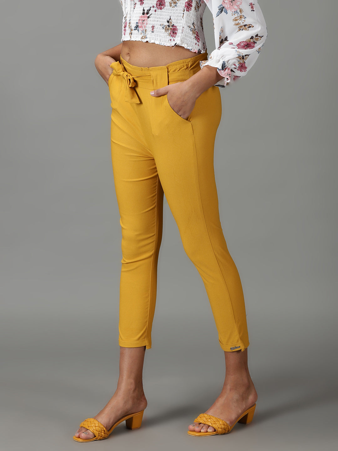 Women's Mustard Solid Cigarette Trouser