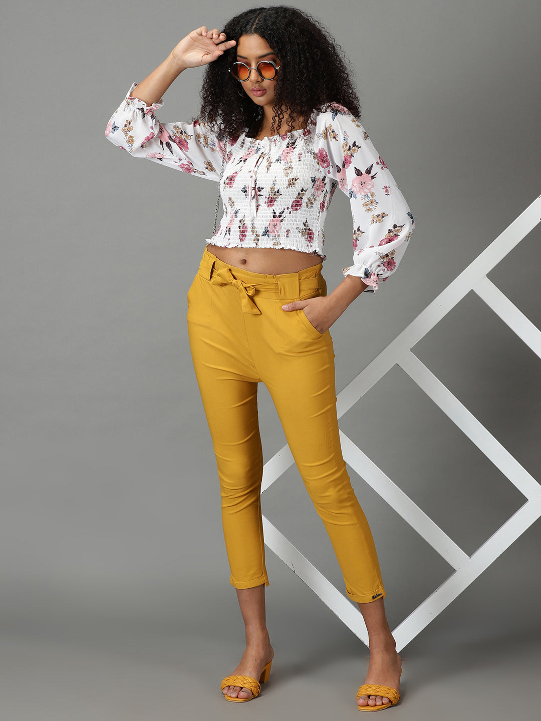 Women's Mustard Solid Cigarette Trouser