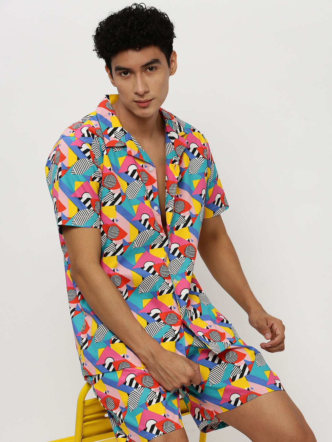 Men's Multi Abstract Printed Cuban Collar Shirt & Shorts Co-Ords Set