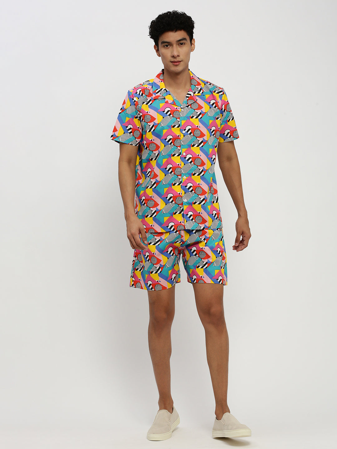 Men's Multi Abstract Printed Cuban Collar Shirt & Shorts Co-Ords Set