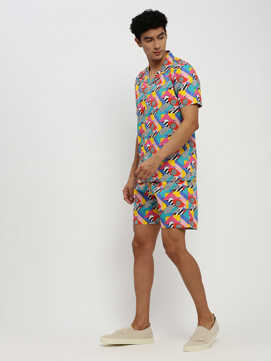 Men's Multi Abstract Printed Cuban Collar Shirt & Shorts Co-Ords Set