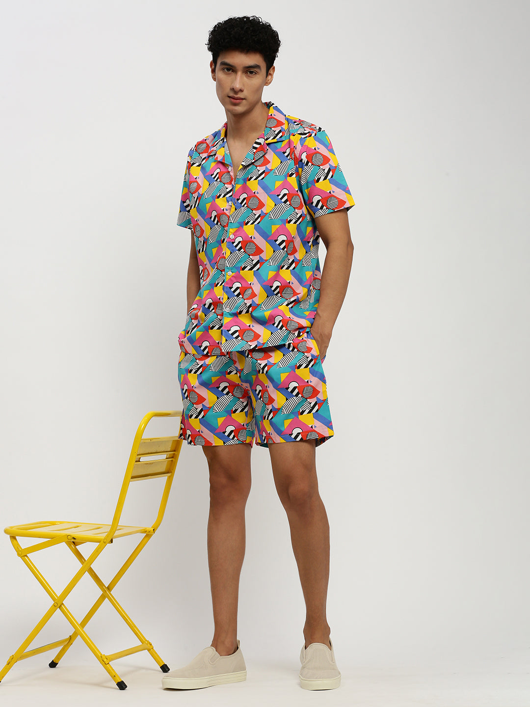 Men's Multi Abstract Printed Cuban Collar Shirt & Shorts Co-Ords Set