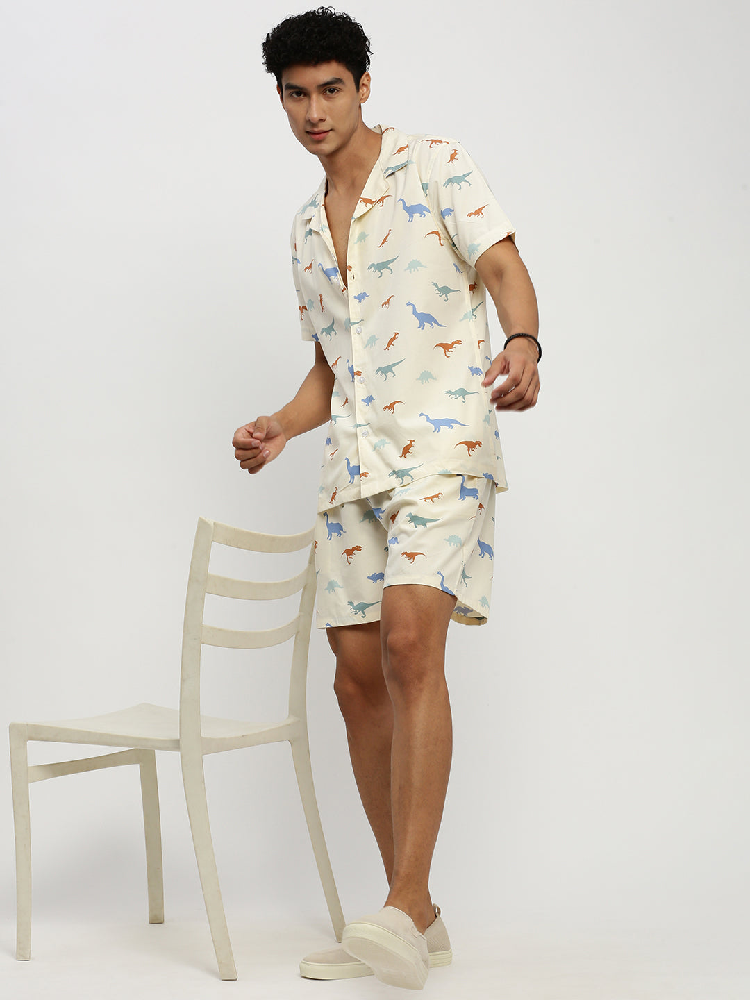 Men's Cream Printed Co-Ords Set