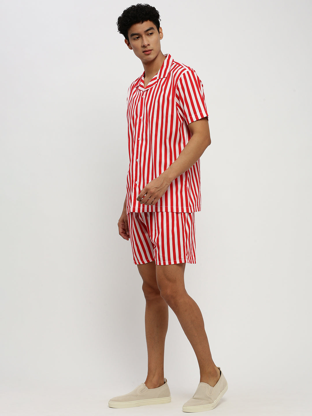 Men's Red Striped Cuban Collar Shirt & Shorts Co-Ords Set