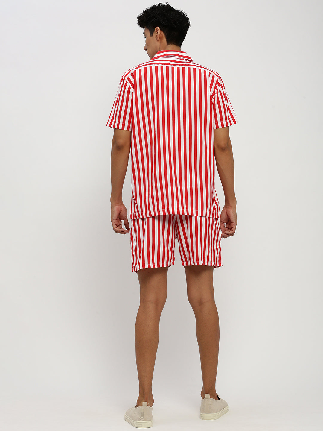 Men's Red Striped Cuban Collar Shirt & Shorts Co-Ords Set