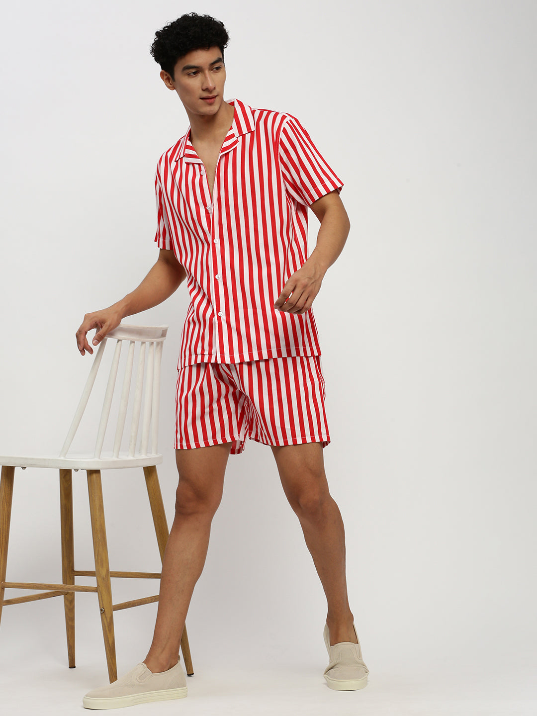 Men's Red Striped Cuban Collar Shirt & Shorts Co-Ords Set