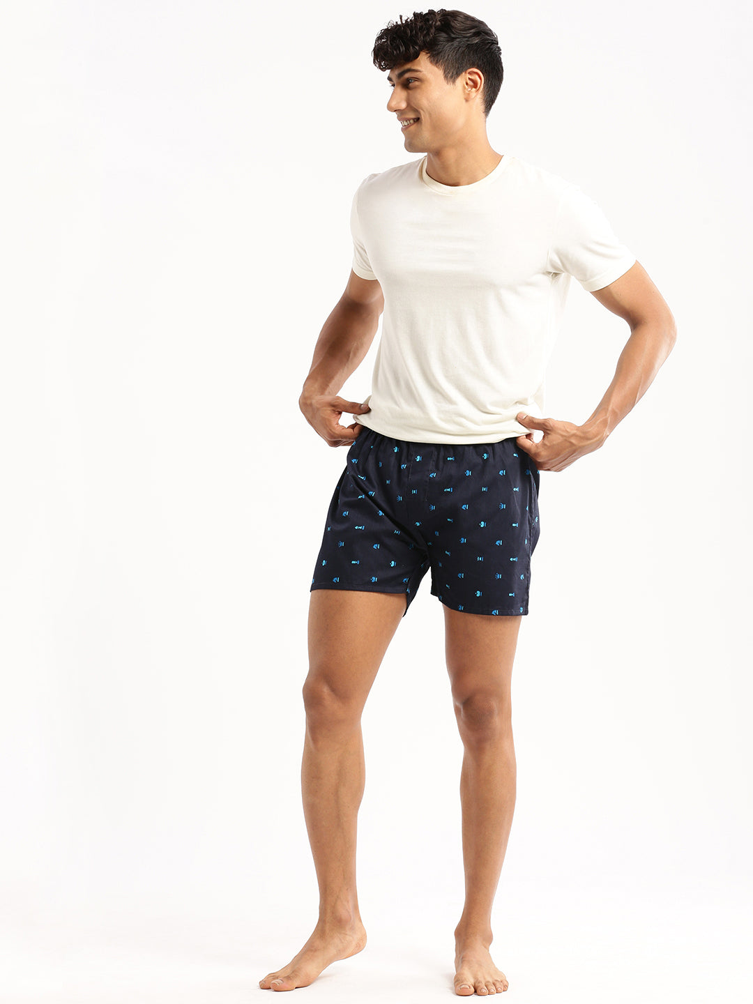 Men's Navy Blue Slim Fit Conversational Printed Cotton Boxer