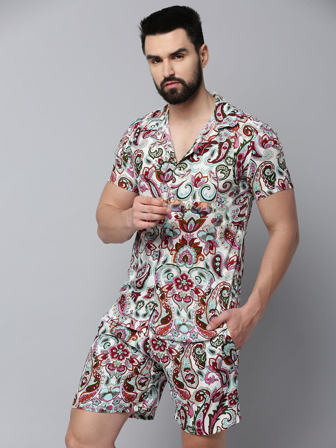 Men White Printed Casual Co-Ord Set