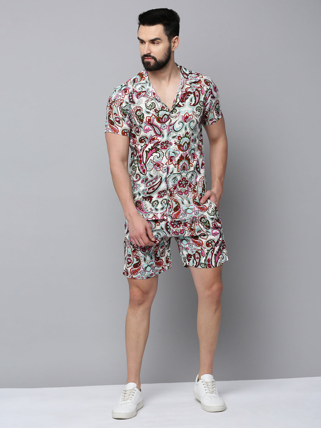 Men White Printed Casual Co-Ord Set