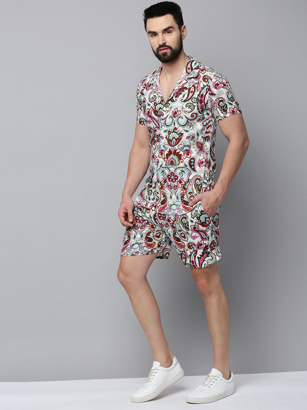 Men White Printed Casual Co-Ord Set