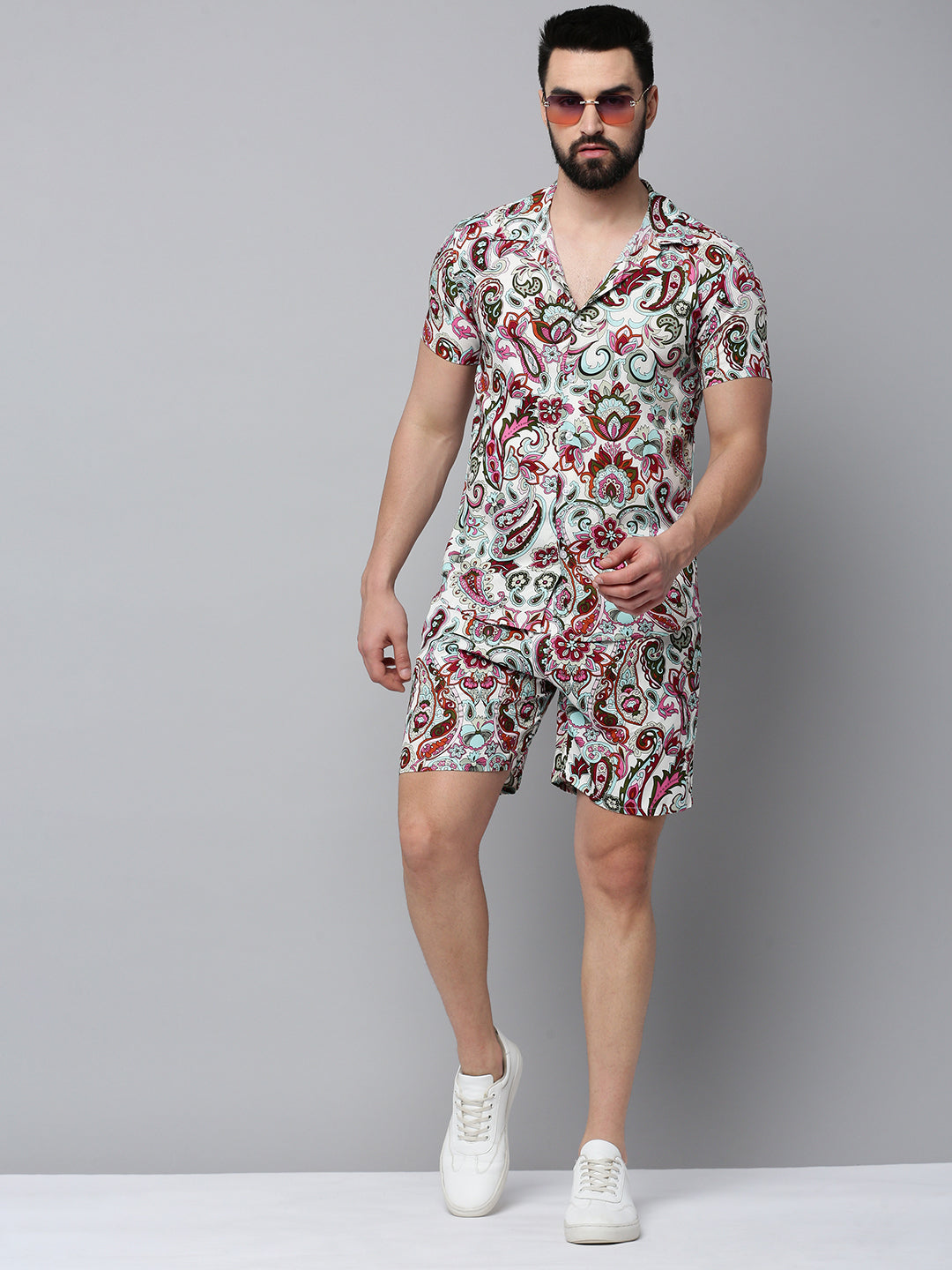 Men White Printed Casual Co-Ord Set