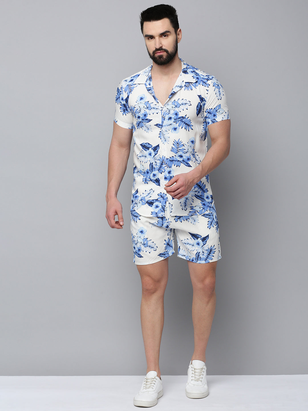 Men White Printed Casual Co-Ord Set