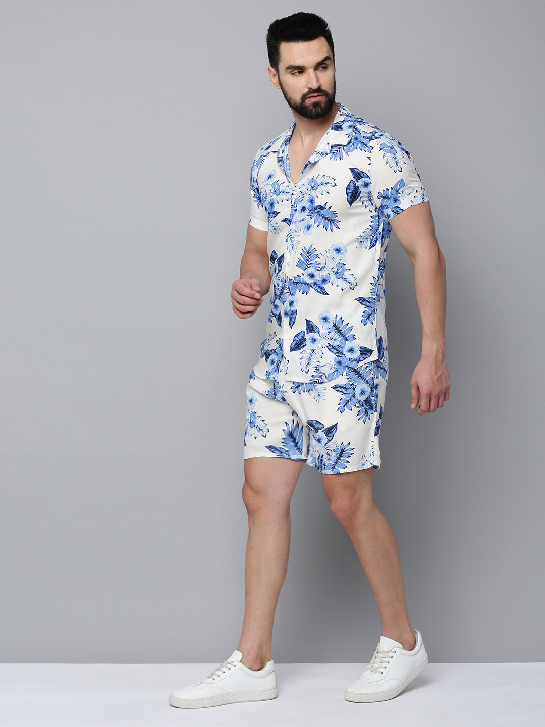 Men White Printed Casual Co-Ord Set