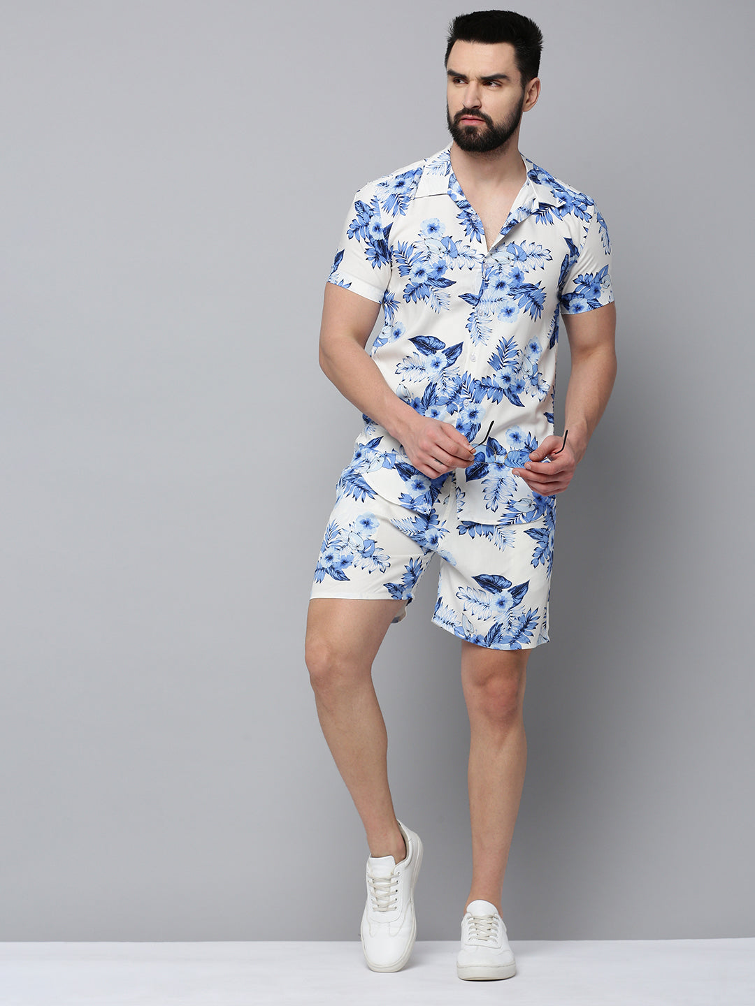 Men White Printed Casual Co-Ord Set