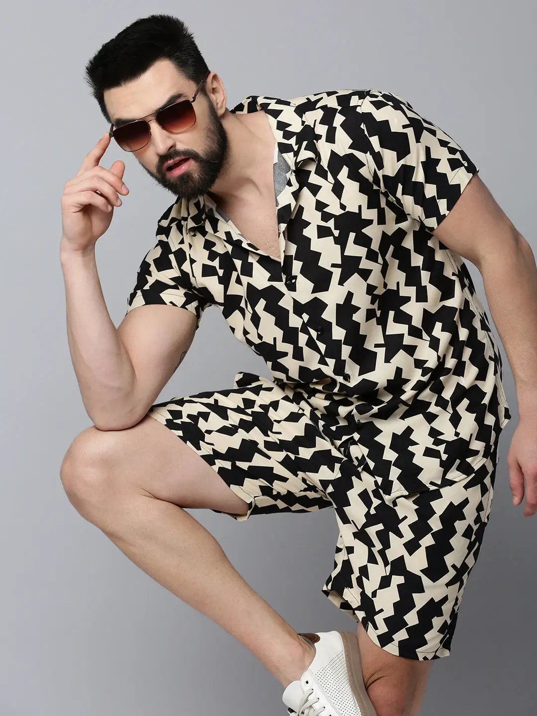 Men's Beige Printed Casual Co-Ords Set