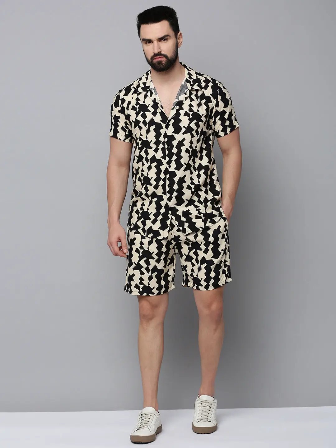 Men's Beige Printed Casual Co-Ords Set