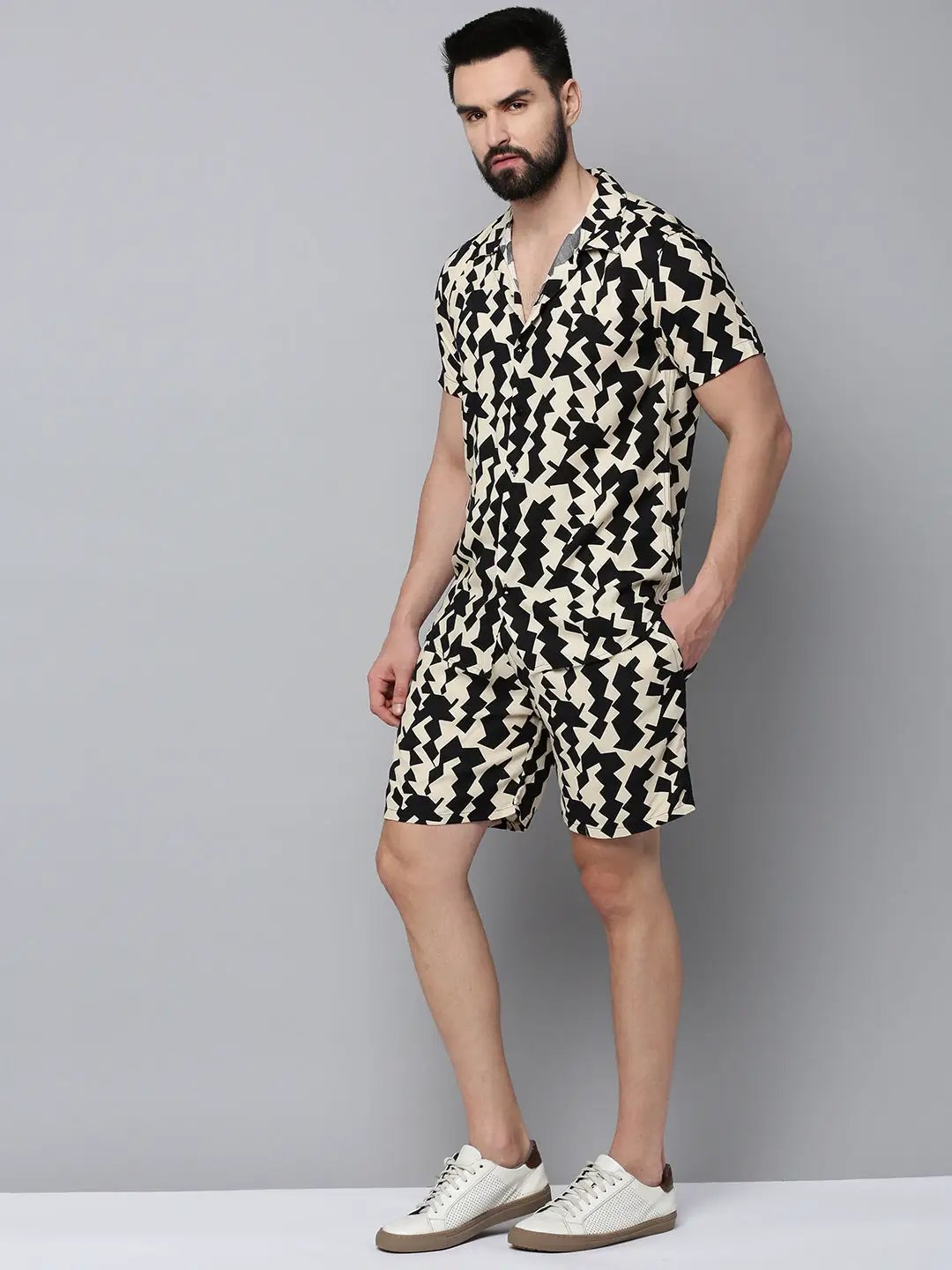 Men's Beige Printed Casual Co-Ords Set