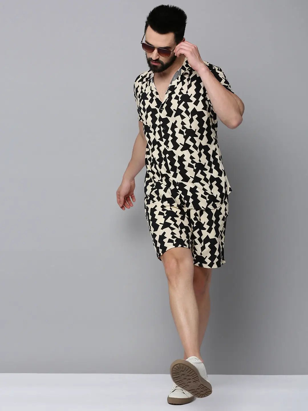 Men's Beige Printed Casual Co-Ords Set